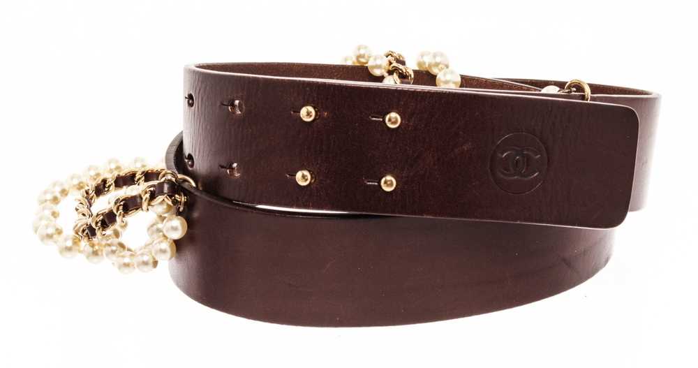 Chanel Chanel Dark Brown Gold Leather Pearl Belt - image 1