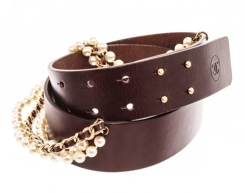 Chanel Chanel Dark Brown Gold Leather Pearl Belt - image 2