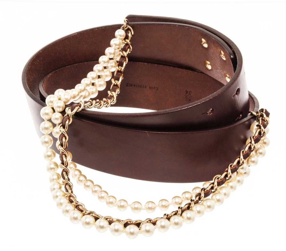 Chanel Chanel Dark Brown Gold Leather Pearl Belt - image 3