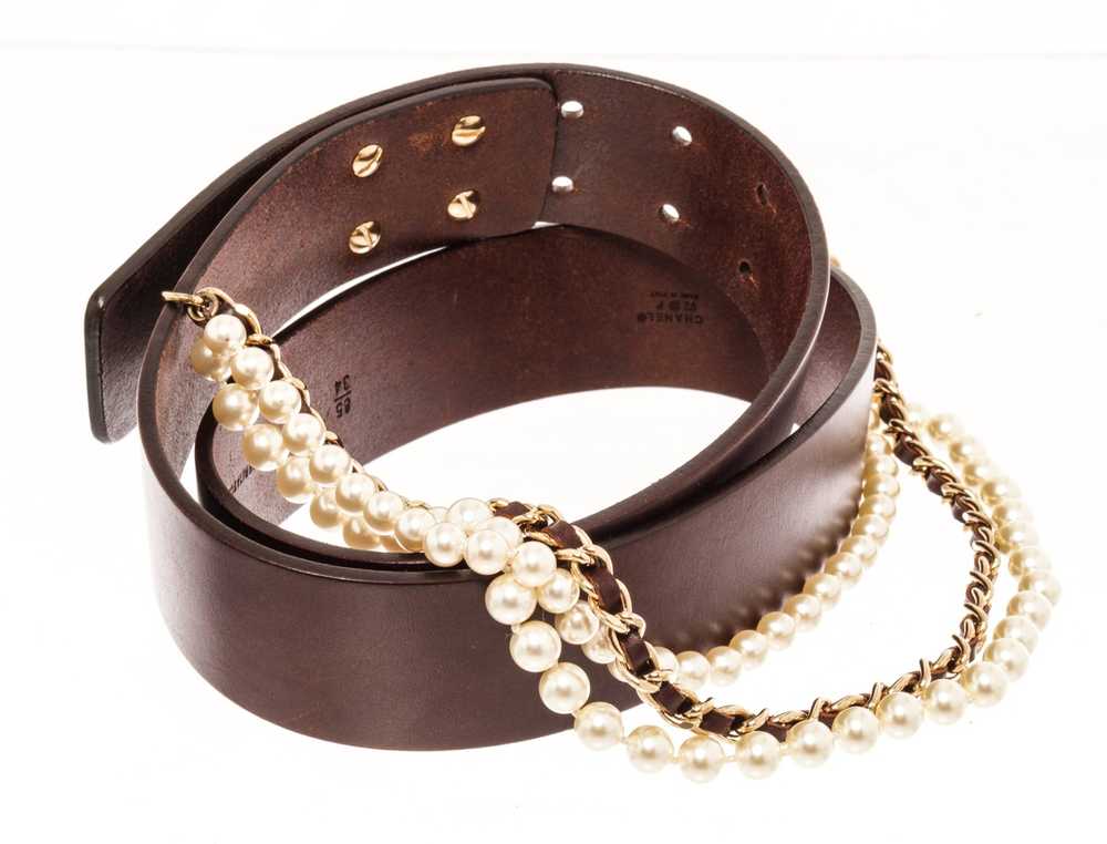 Chanel Chanel Dark Brown Gold Leather Pearl Belt - image 4