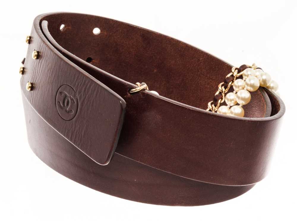 Chanel Chanel Dark Brown Gold Leather Pearl Belt - image 5