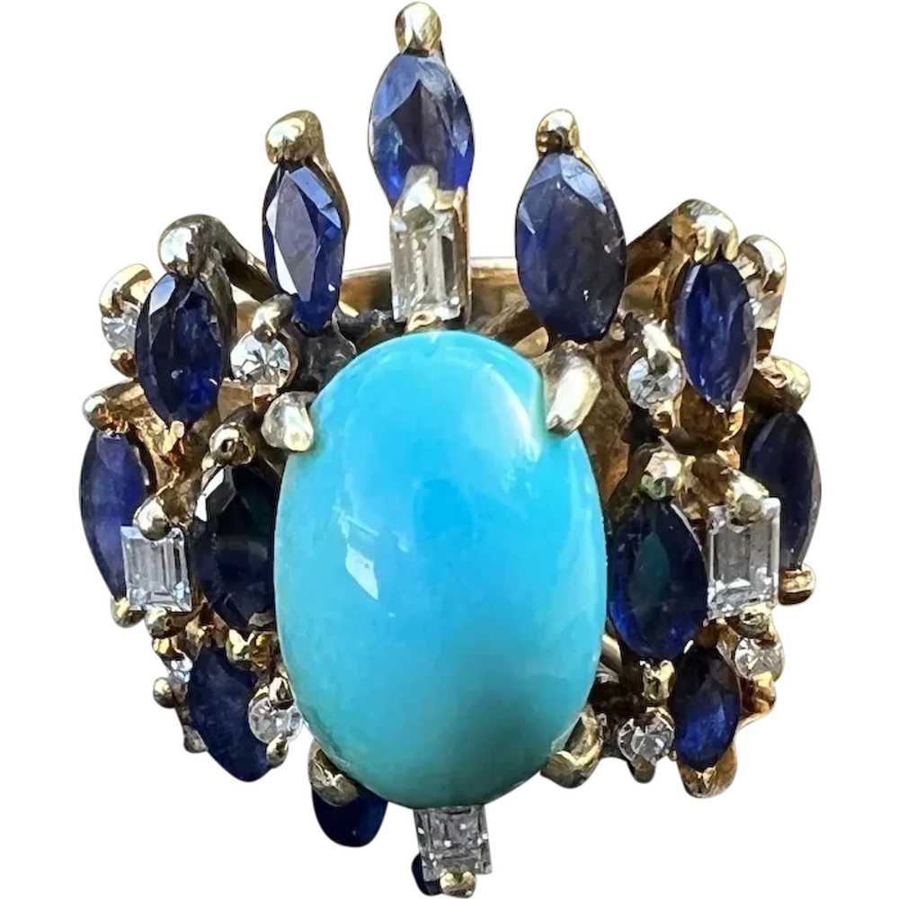 14K Yellow Gold Turquoise, Sapphire and Diamond S… - image 1