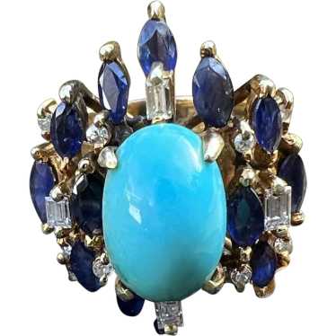 14K Yellow Gold Turquoise, Sapphire and Diamond S… - image 1