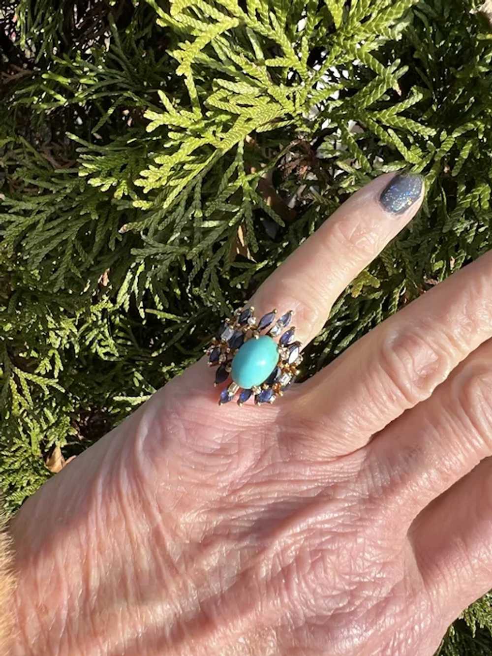 14K Yellow Gold Turquoise, Sapphire and Diamond S… - image 2