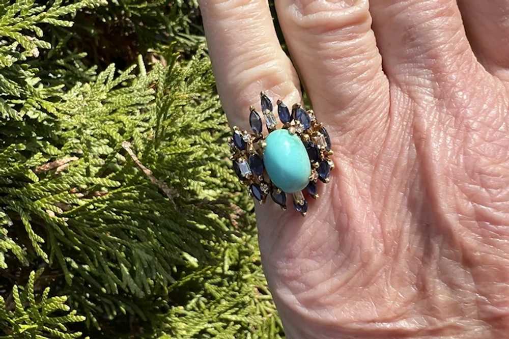 14K Yellow Gold Turquoise, Sapphire and Diamond S… - image 4