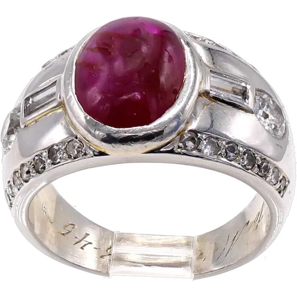 Cabochon Ruby Diamond Platinum Retro Band Ring - image 1