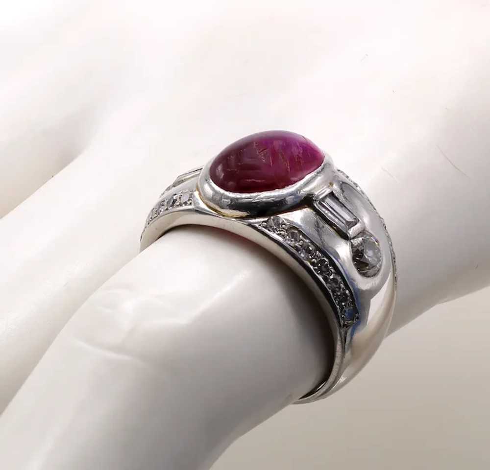 Cabochon Ruby Diamond Platinum Retro Band Ring - image 3