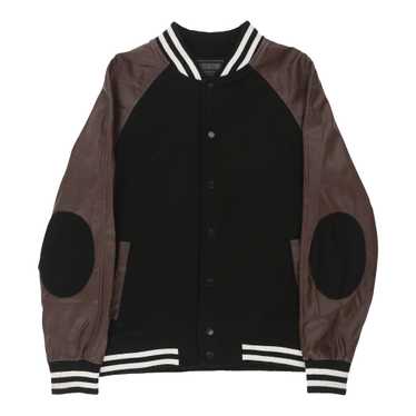 21men Forever 21 Men's Unisex Reebok Varsity-Striped Bomber Jacket in Burgundy, XL | F21