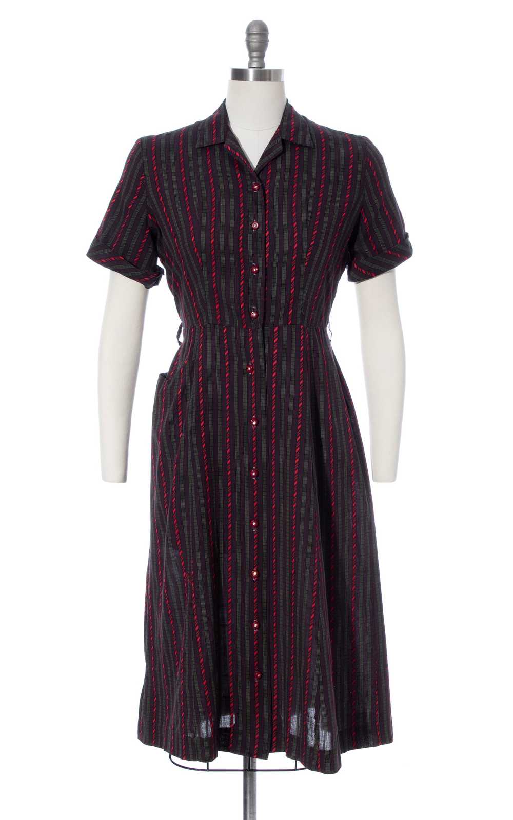 1950s Striped Cotton Shirtwaist Dress with Pocket… - image 1