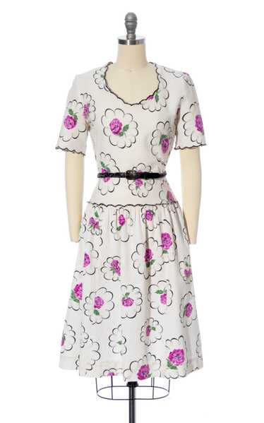 1930s Rose Print Scalloped Cotton Piqué Dress | sm