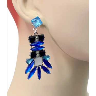 Blue Earrings, Rhinestone Earrings, Silver, Massi… - image 1