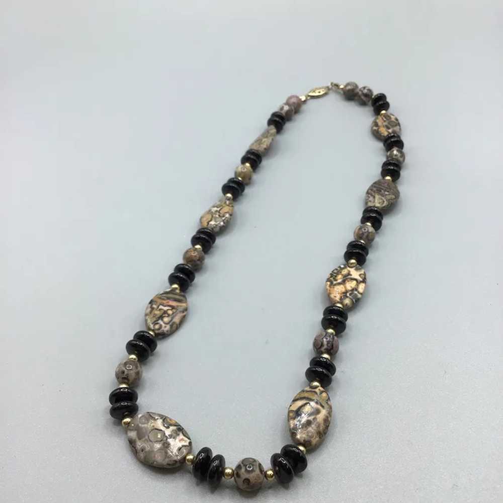Leopard Jasper & Black Onyx Beaded Necklace 70s S… - image 2