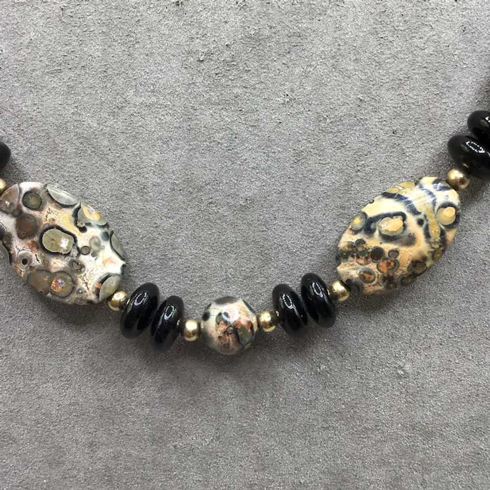 Leopard Jasper & Black Onyx Beaded Necklace 70s S… - image 4