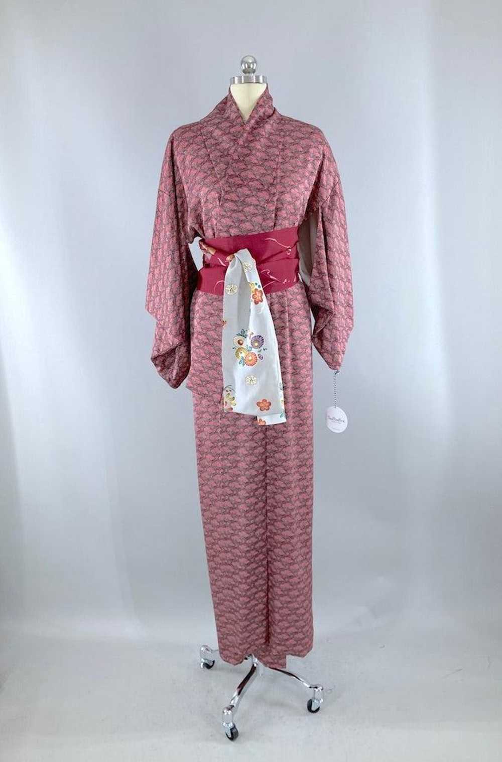 Vintage Maroon Red Floral Silk Kimono - image 1