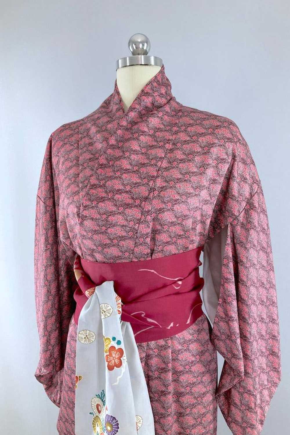 Vintage Maroon Red Floral Silk Kimono - image 2