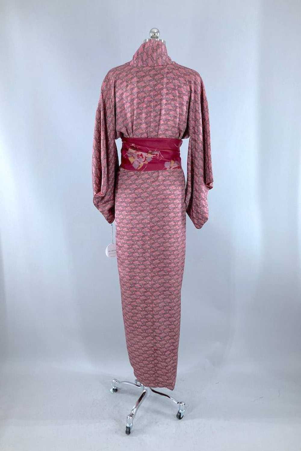Vintage Maroon Red Floral Silk Kimono - image 5
