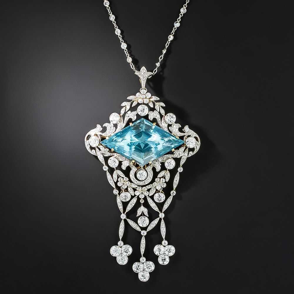 Edwardian Aquamarine and Diamond Pendant/Brooch b… - image 1
