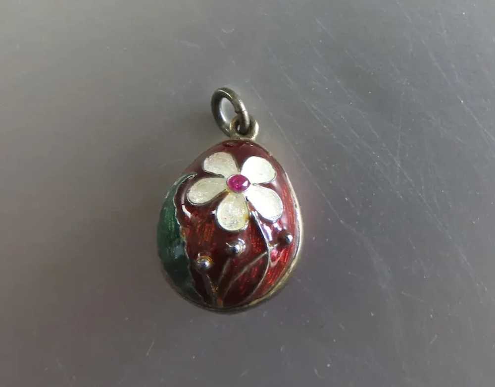 Vintage Cloisonné Egg Charm Pendant Red with Whit… - image 2