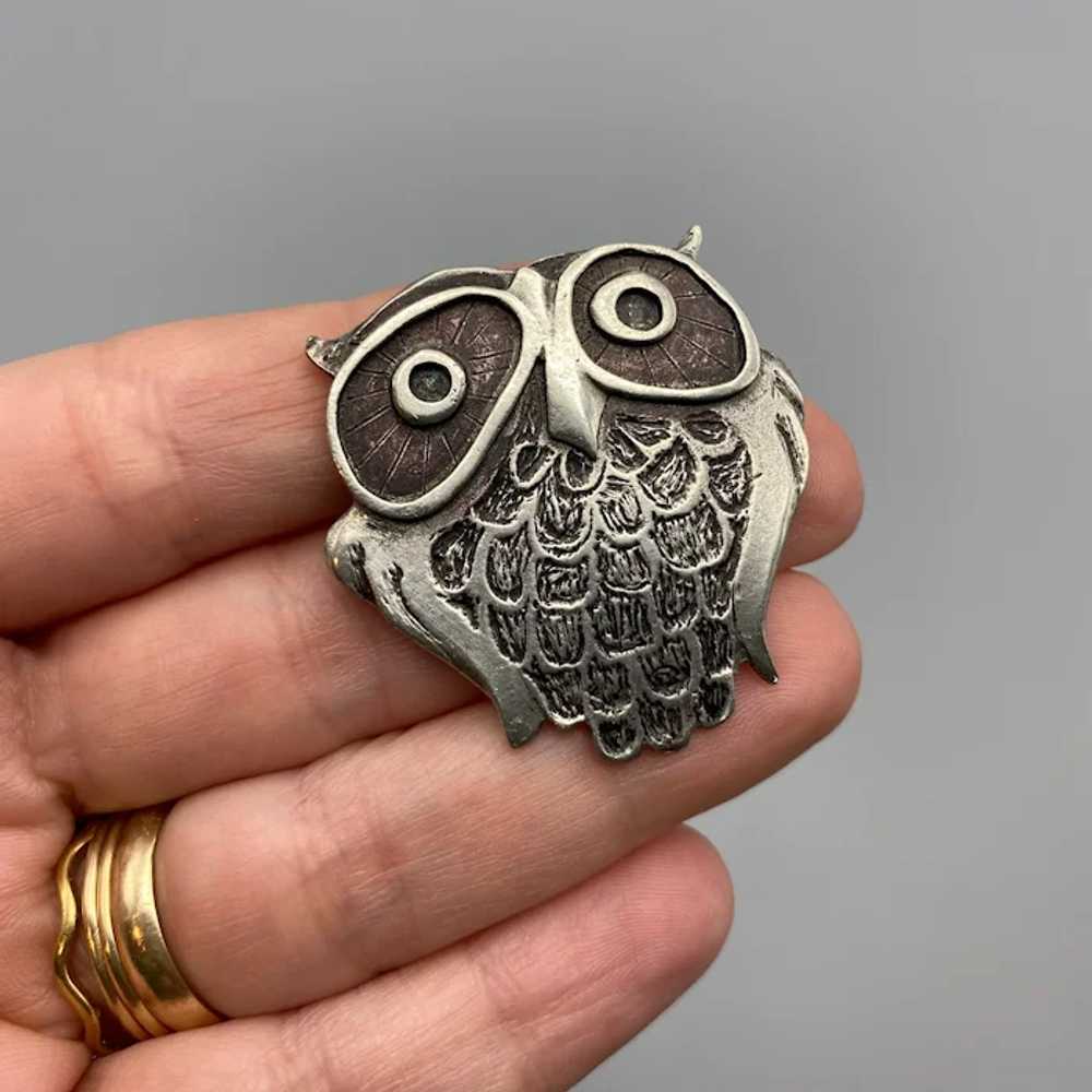 Vintage Metzke Pewter Modern Owl Pin Brooch - image 6