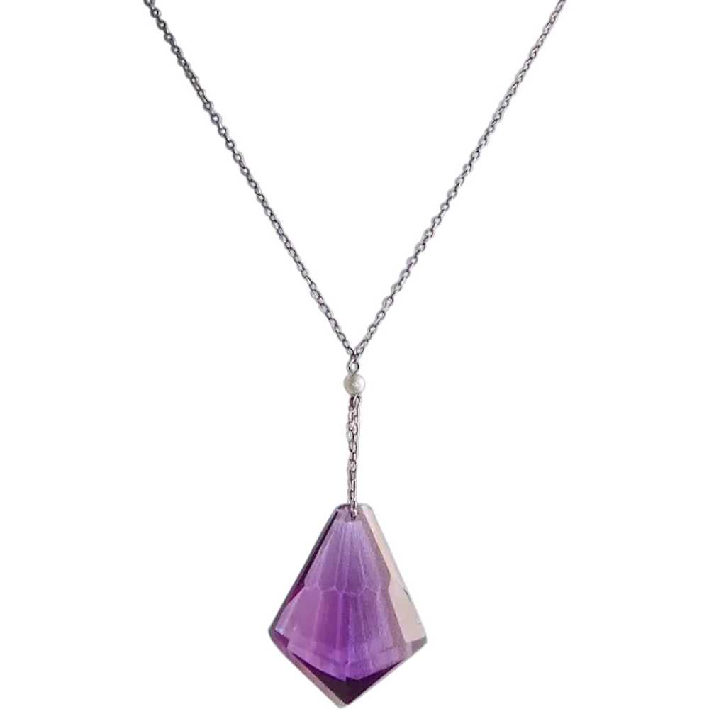 Sterling Y Necklace Amethyst Glass Drop Pendant - image 1