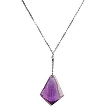 Sterling Y Necklace Amethyst Glass Drop Pendant - image 1