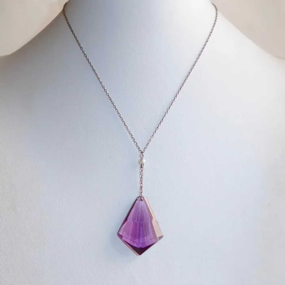 Sterling Y Necklace Amethyst Glass Drop Pendant - image 2