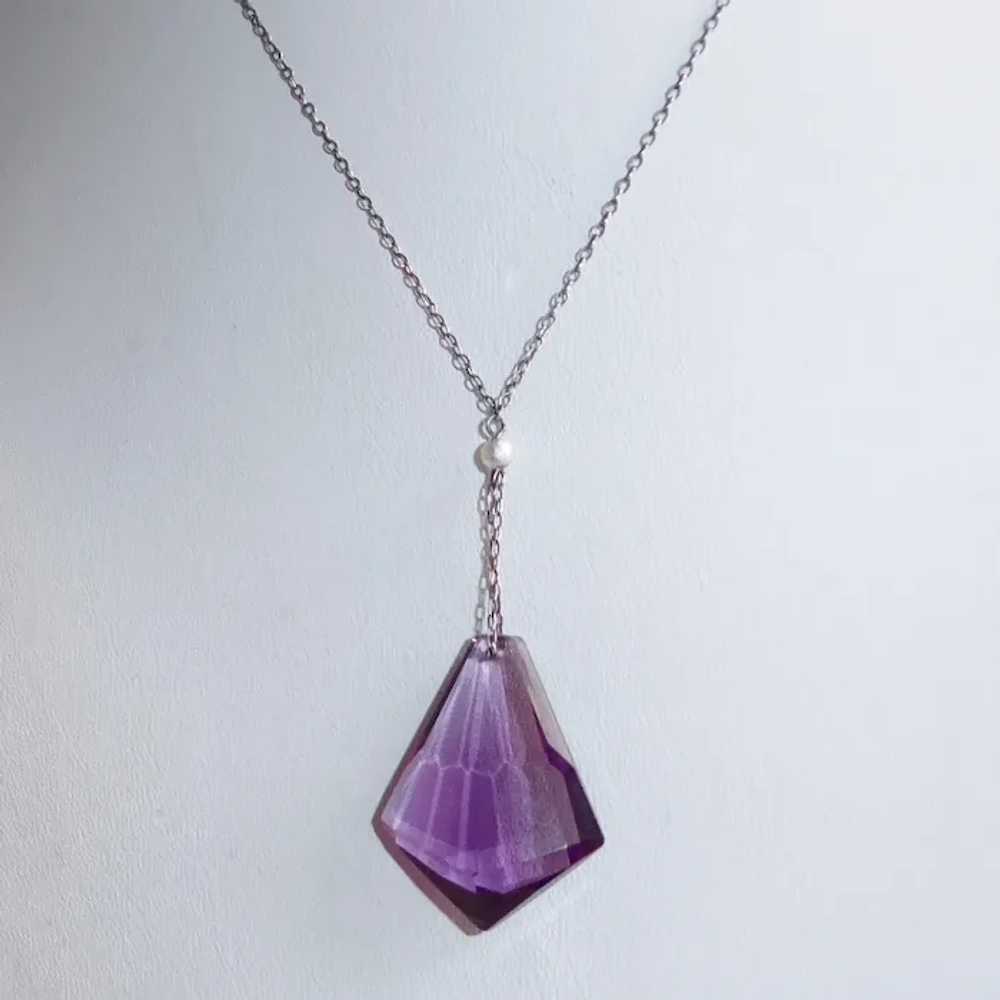 Sterling Y Necklace Amethyst Glass Drop Pendant - image 4