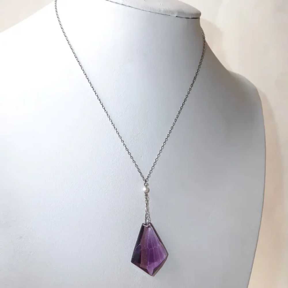 Sterling Y Necklace Amethyst Glass Drop Pendant - image 5