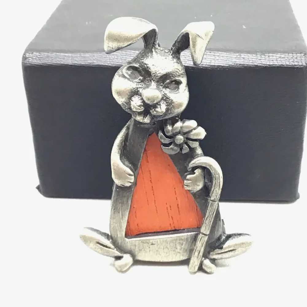 Vintage Bunny Brooch Pewter Metal Wood Figural Ra… - image 2