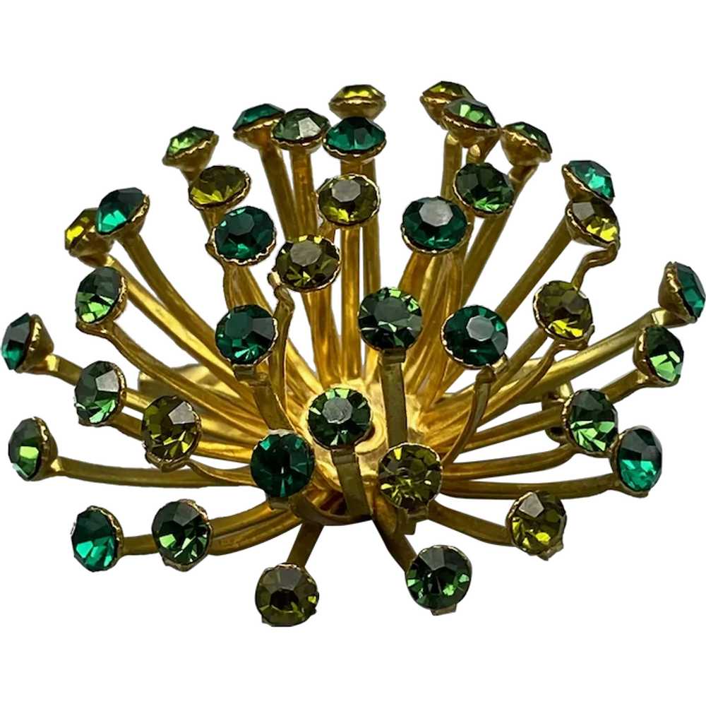 Vintage Starburst Flower Green Rhinestone Pin Bro… - image 1