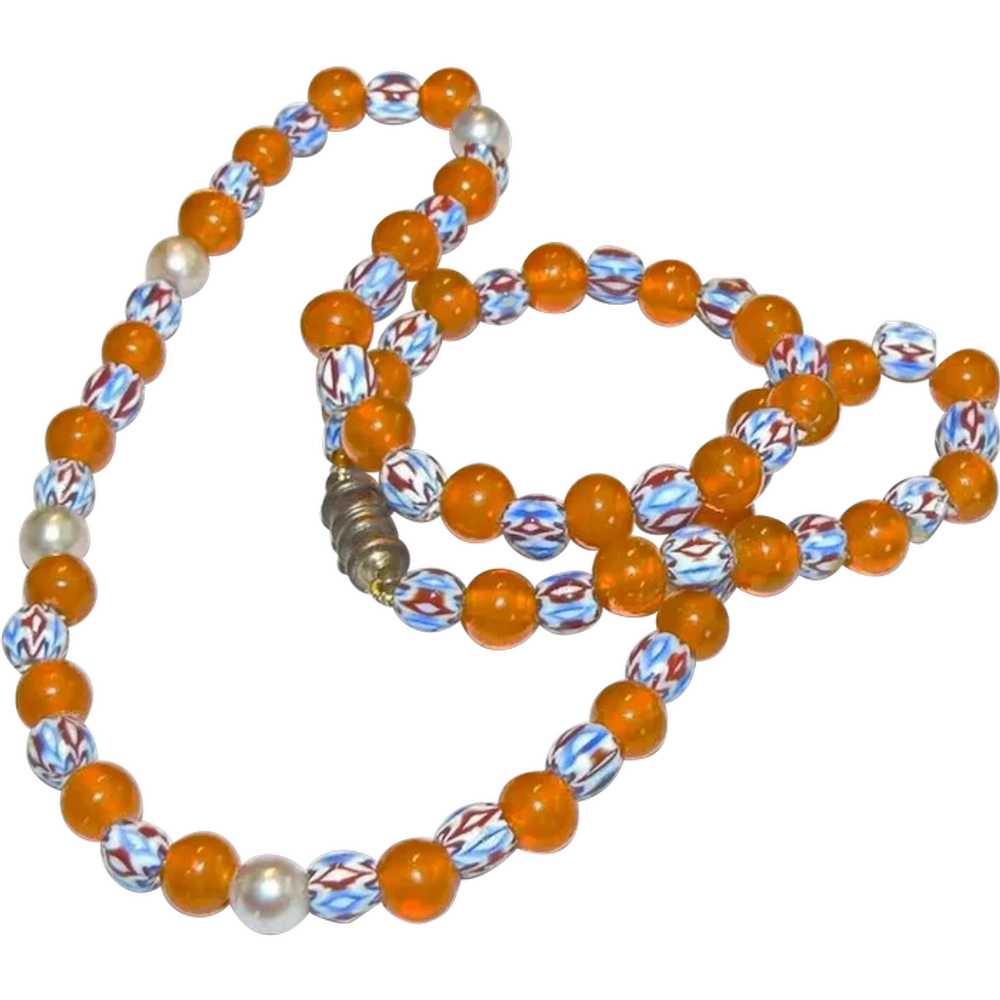 Vintage Chevron Bead and Orange Glass Bead Neckla… - image 1