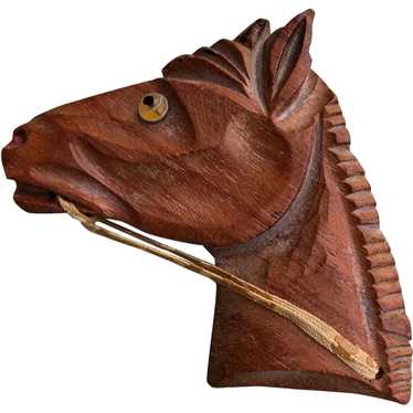 1930s 1940s Carved Wood Horse Brooch Pin - image 1