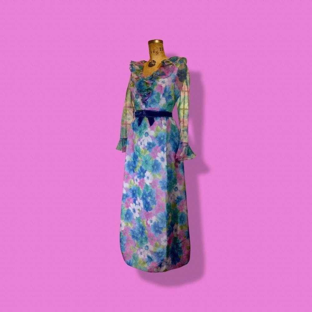Vintage 60s Floral Maxi Dress Pastel Spring Velve… - image 2