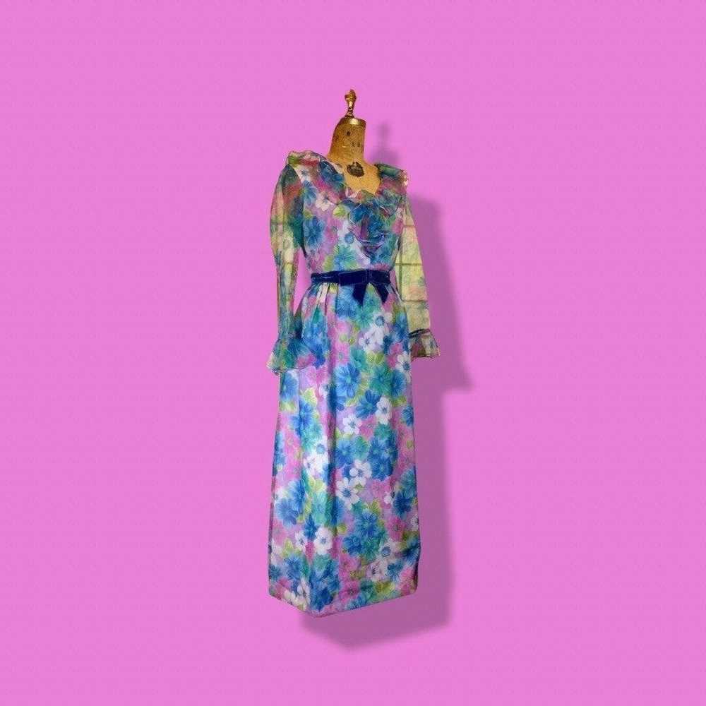 Vintage 60s Floral Maxi Dress Pastel Spring Velve… - image 4