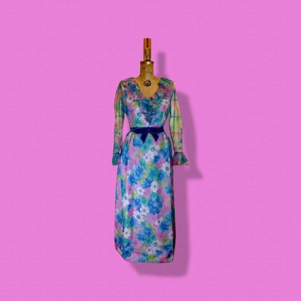 Vintage 60s Floral Maxi Dress Pastel Spring Velve… - image 6
