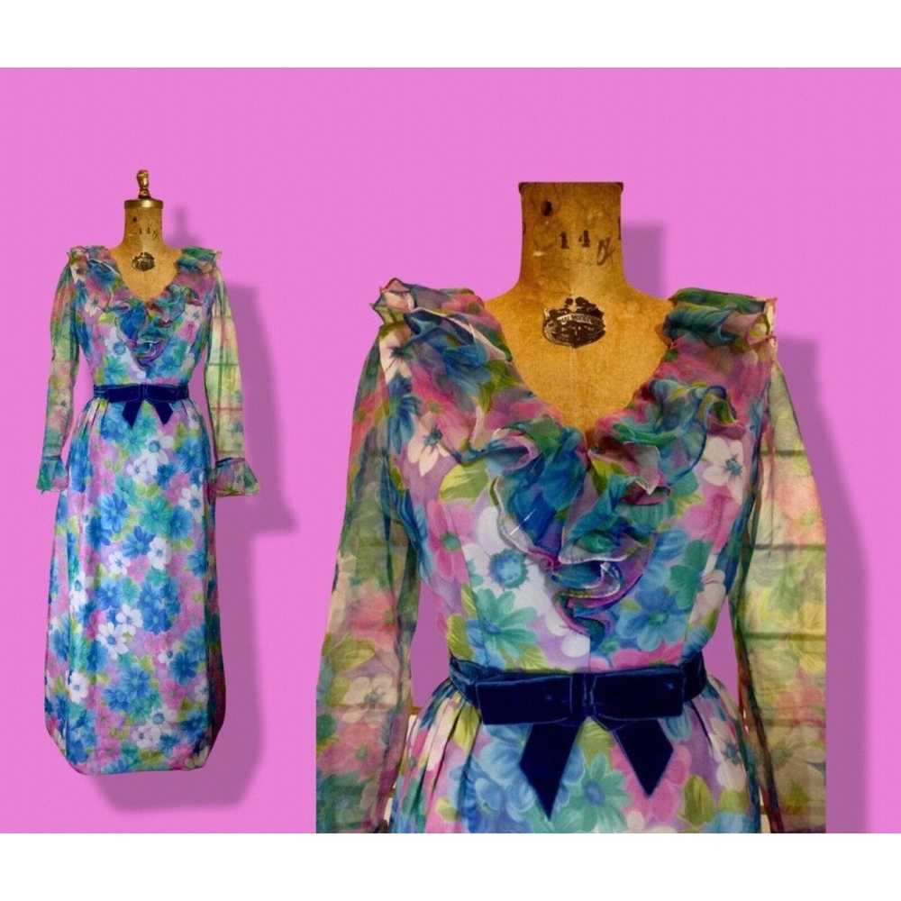 Vintage 60s Floral Maxi Dress Pastel Spring Velve… - image 7