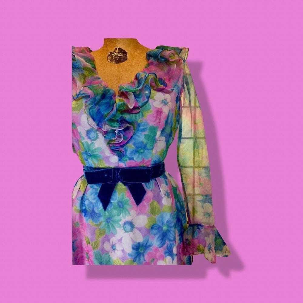 Vintage 60s Floral Maxi Dress Pastel Spring Velve… - image 9