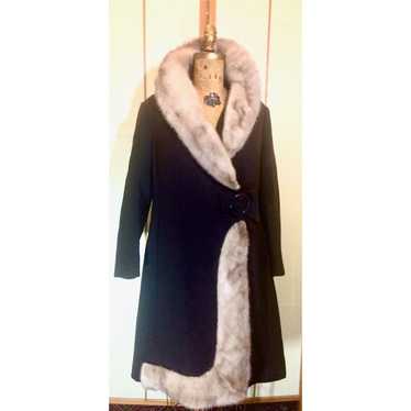 Vintage Mod 60's Mink Trimmed Black Wool Winter C… - image 1