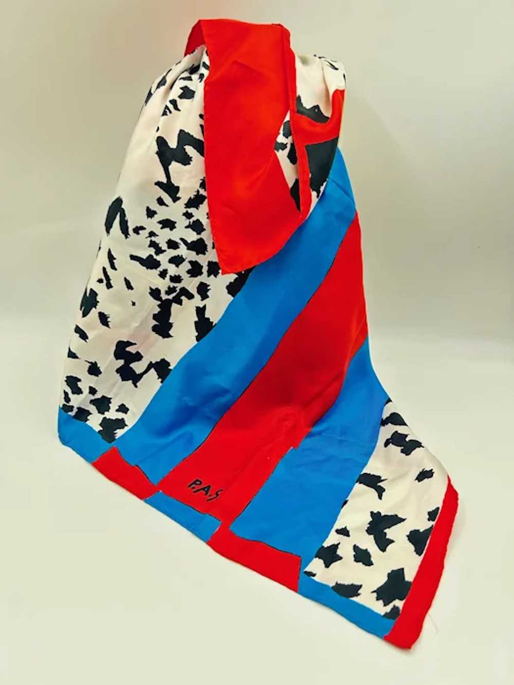 Signed P.A.S. Vintage Scarf Red & Blue Cow Print … - image 2