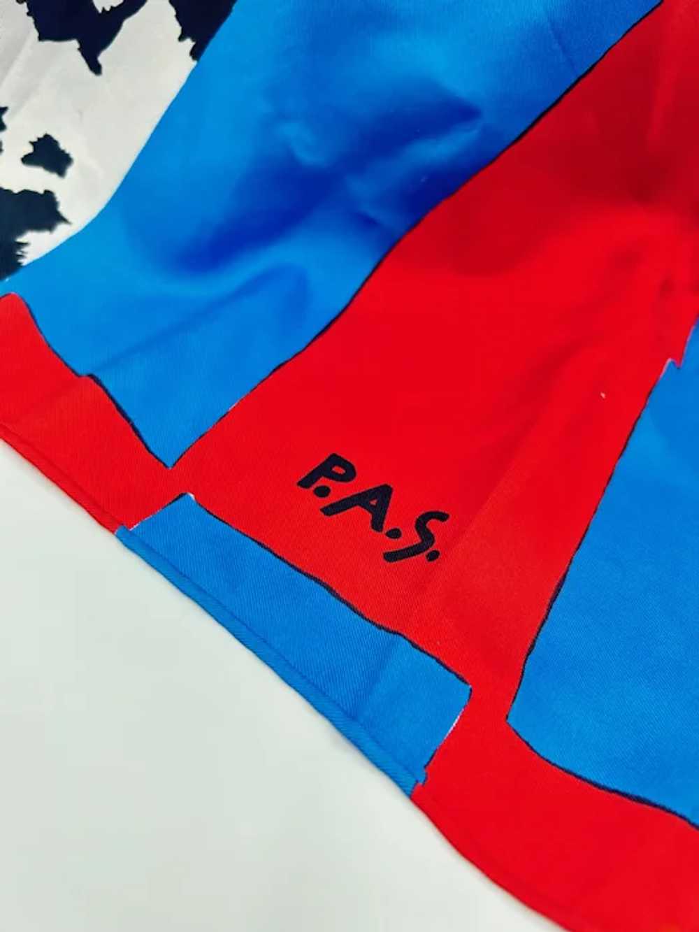 Signed P.A.S. Vintage Scarf Red & Blue Cow Print … - image 5