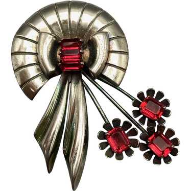 Vintage 1940s Sterling Bow Brooch with Red Stones… - image 1
