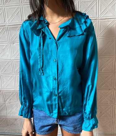 90s silk blouse / aqua ruffle collar silk top / 19