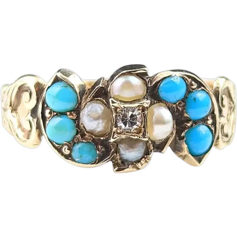 Antique Turquoise, split Pearl and Diamond ring, … - image 1