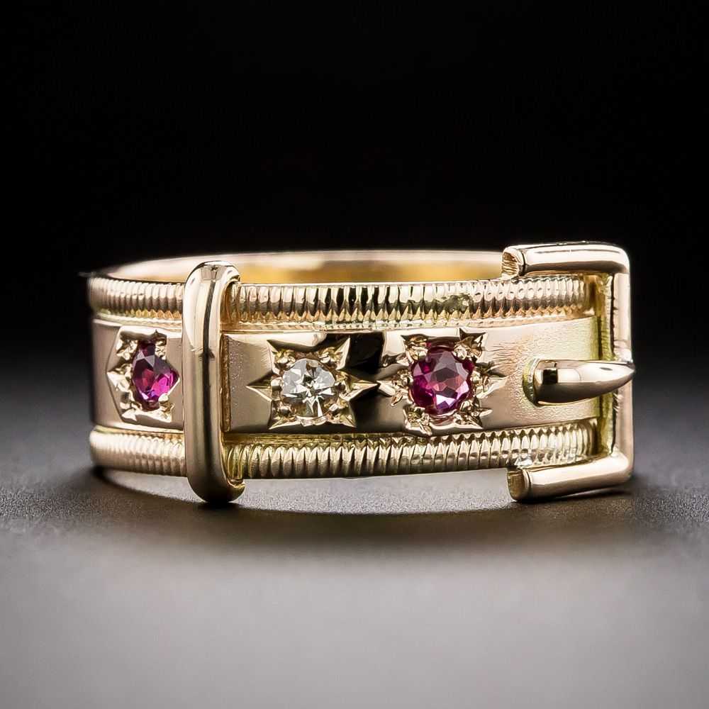 English Victorian Diamond and Ruby Buckle Ring - image 1