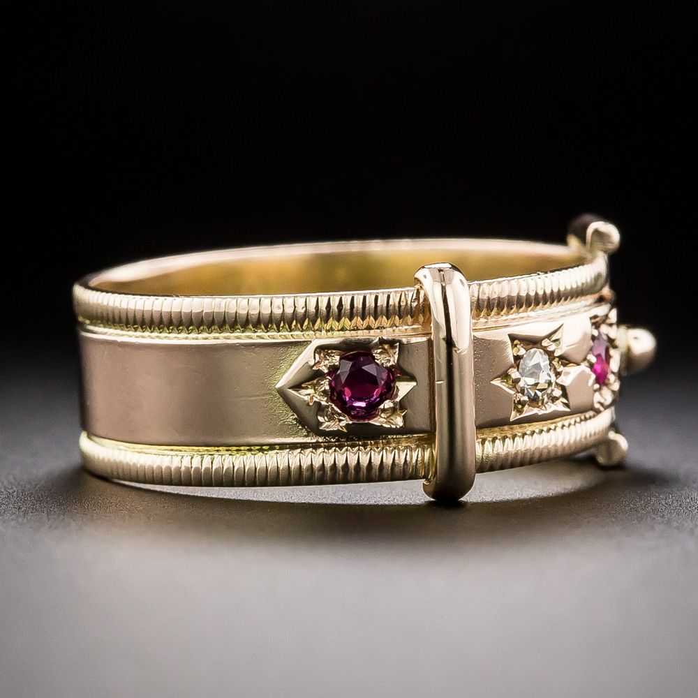 English Victorian Diamond and Ruby Buckle Ring - image 2