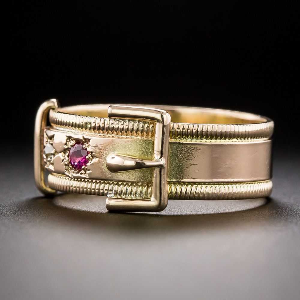 English Victorian Diamond and Ruby Buckle Ring - image 3