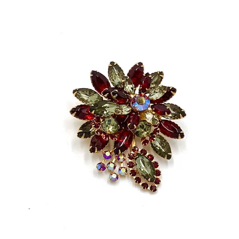 Large Red Rhinestone Pin Brooch Flower Swedgie AB… - image 2