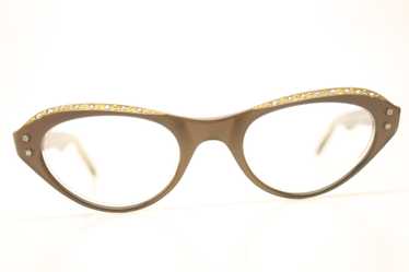 NOS Brown Rhinestone Vintage Cat Eye Glasses - image 1