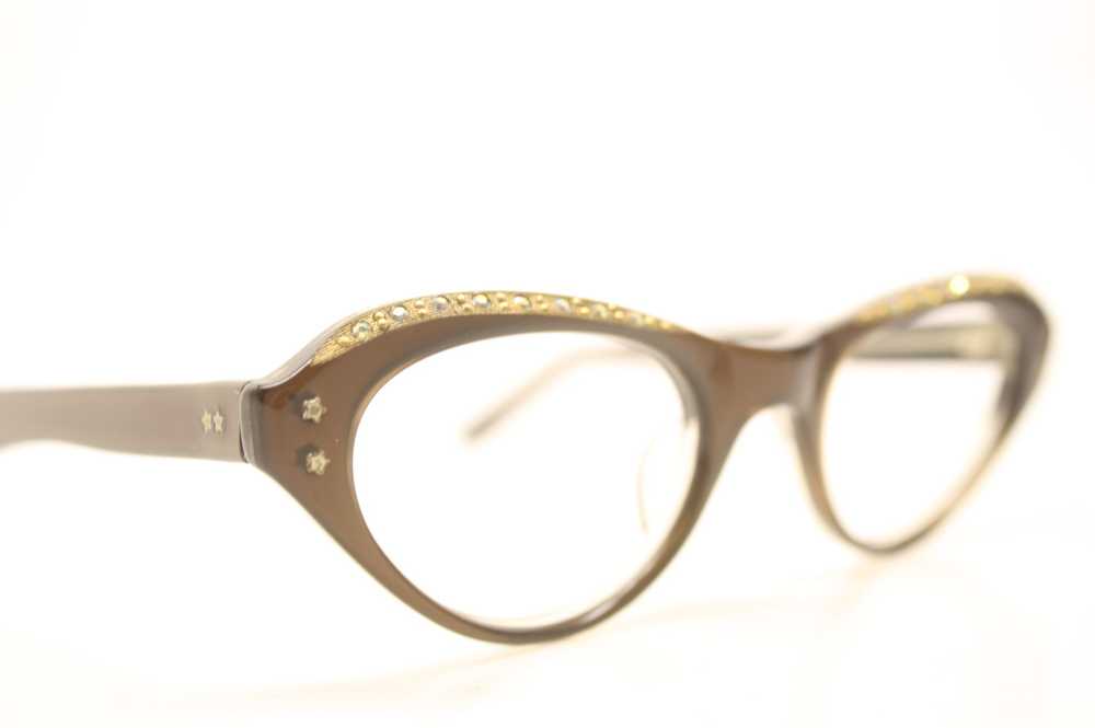 NOS Brown Rhinestone Vintage Cat Eye Glasses - image 3