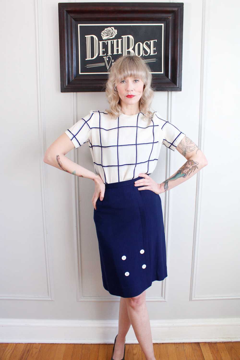 1950s Linen Button Pencil Skirt - Xsmall - image 2